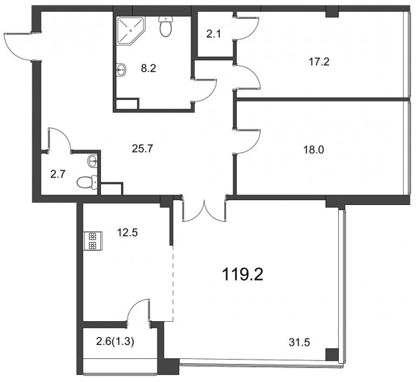Трёхкомнатная квартира 119.2 м²