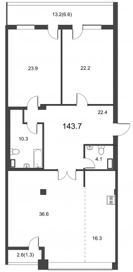 Трёхкомнатная квартира 143.7 м²