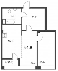 Двухкомнатная квартира 61.9 м²