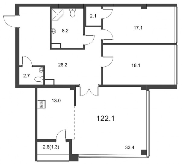 Трёхкомнатная квартира 122.1 м²