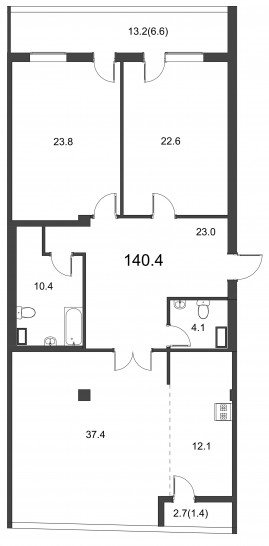 Трёхкомнатная квартира 140.4 м²