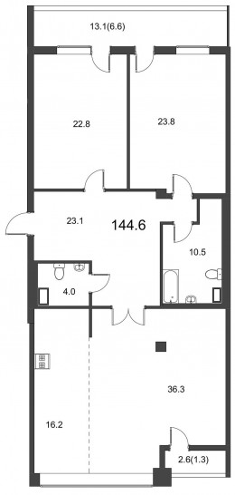 Трёхкомнатная квартира 144.6 м²