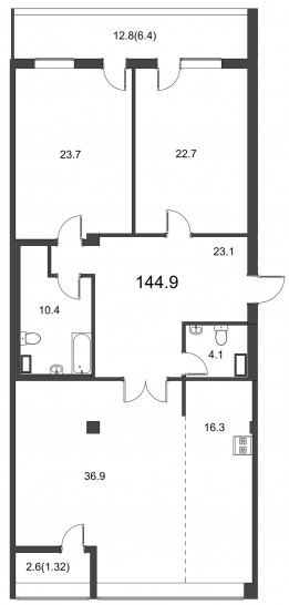 Трёхкомнатная квартира 144.9 м²