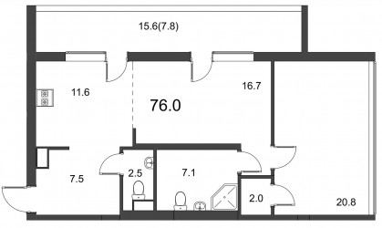 Двухкомнатная квартира (Евро) 76 м²