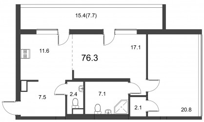 Двухкомнатная квартира (Евро) 76.3 м²