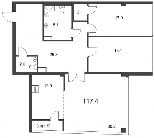Трёхкомнатная квартира 117.4 м²