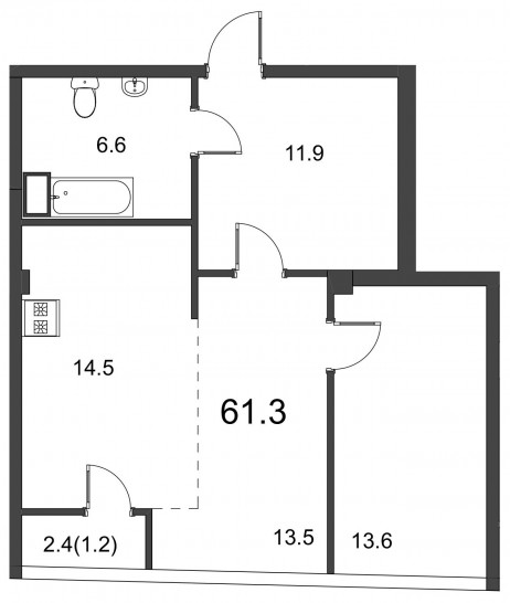 Двухкомнатная квартира 61.3 м²