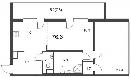 Двухкомнатная квартира (Евро) 76.6 м²