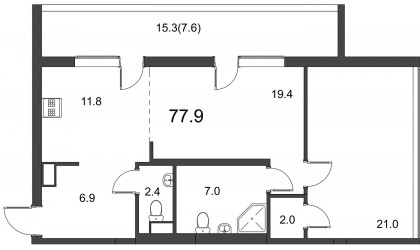 Двухкомнатная квартира (Евро) 77.9 м²